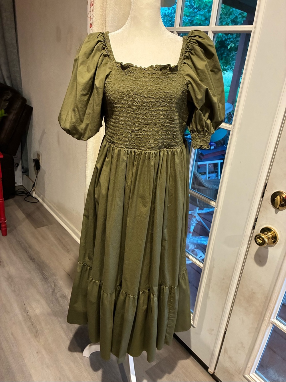 INC International Concepts Olive Green Smocked Puff-Sleeve Maxi Dress